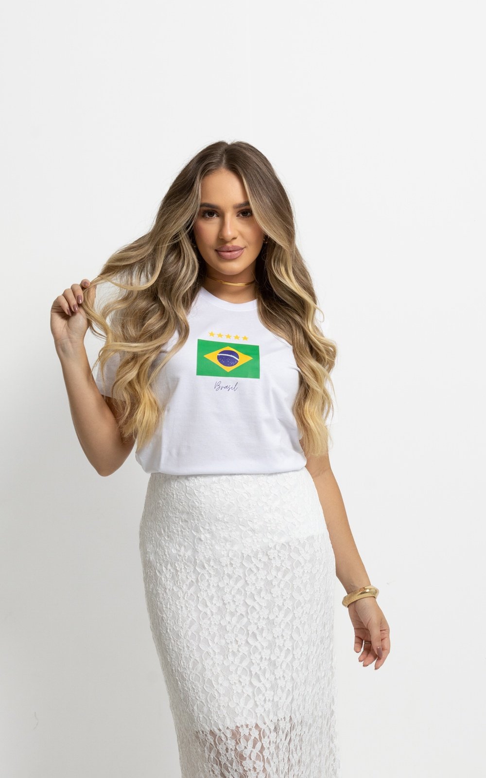 T-shirt Feminina Branca Bandeira do Brasil